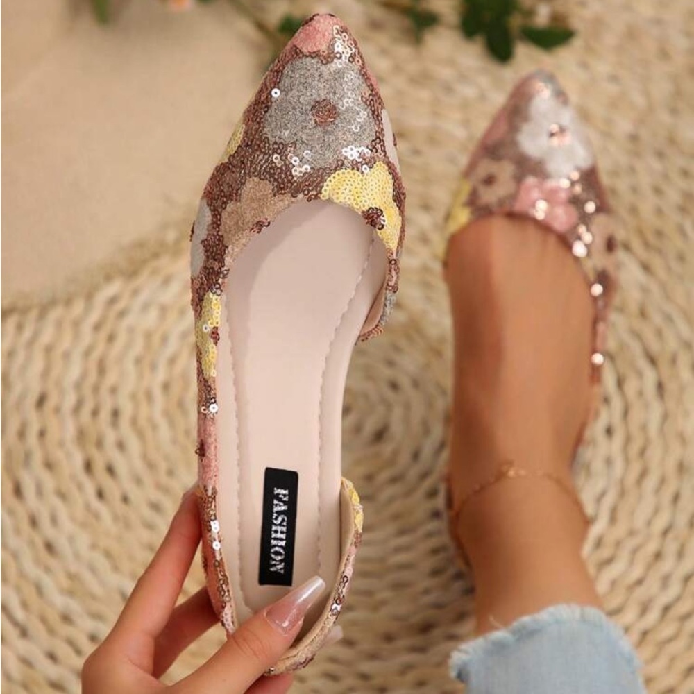 Rose-gold sequin flats
